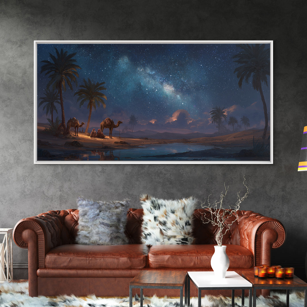 Starry Desert Oasis With Camels Wall Art, Celestial Landscape Canvas Print, Boho Travel Decor, Night Sky Gift For Him, Large Wall Decor