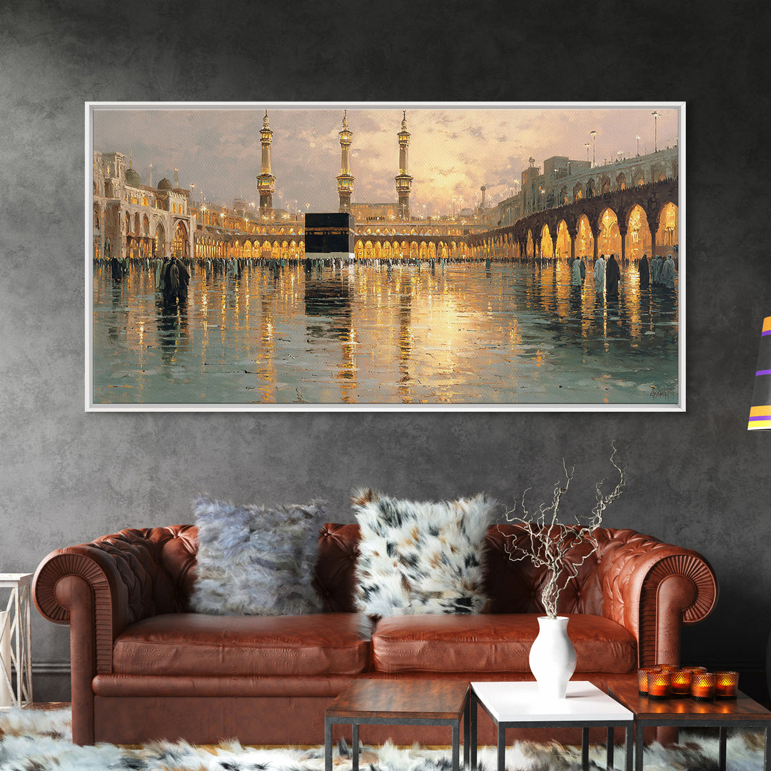 Kaaba Reflection At Masjid Al Haram Framed Canvas Print, Islamic Wall Art, Mecca Mosque Decor, Ramadan Eid Gift For Home