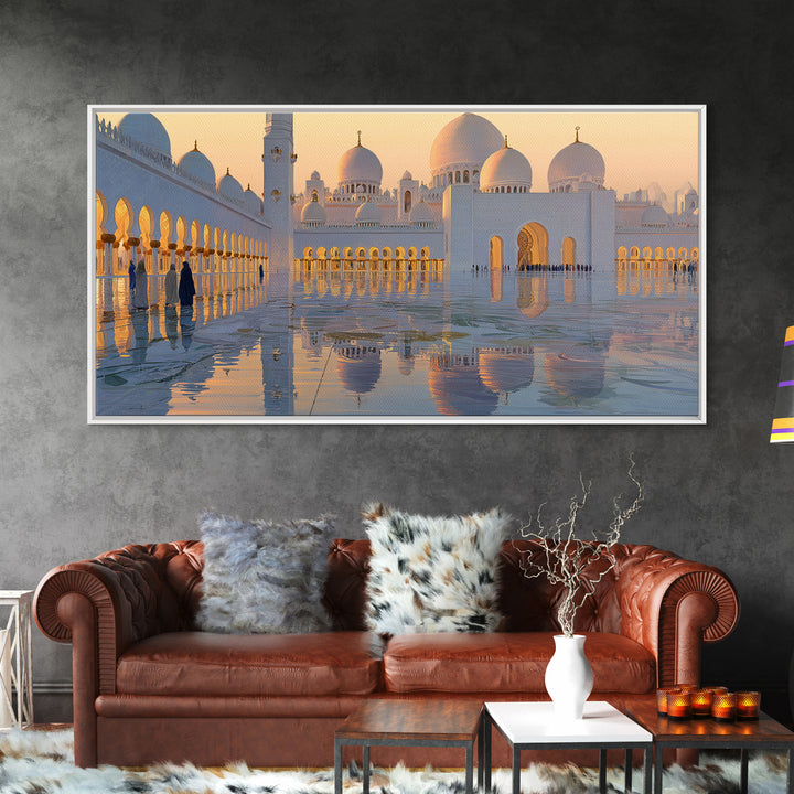 Golden Mosque Reflections Wall Art, Islamic Framed Canvas Print, Serene Architecture Decor For Prayer Room And Home, Office Decor