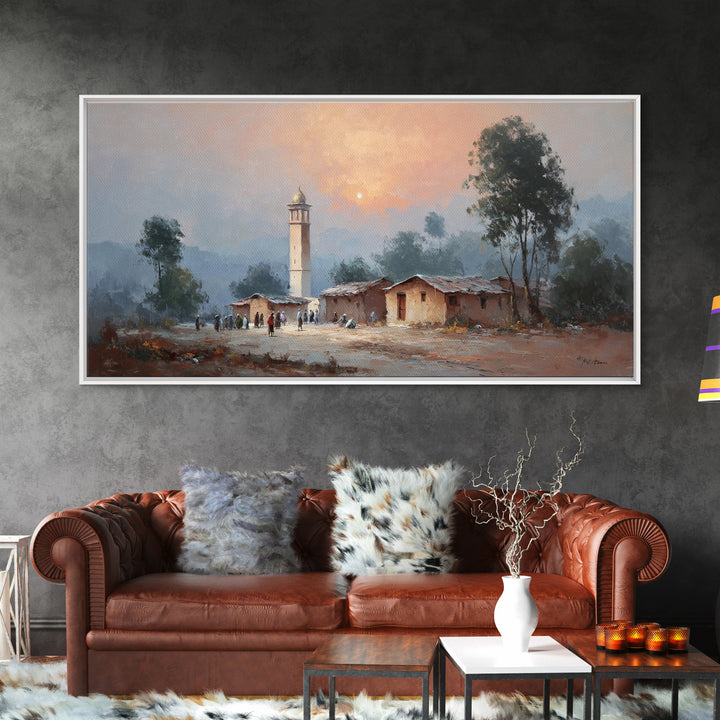 Sunset Mosque Village And Misty Rural Landscape Canvas Print, Country Wall Art, Rustic Home Decor, Housewarming Gift, Fine Art Print