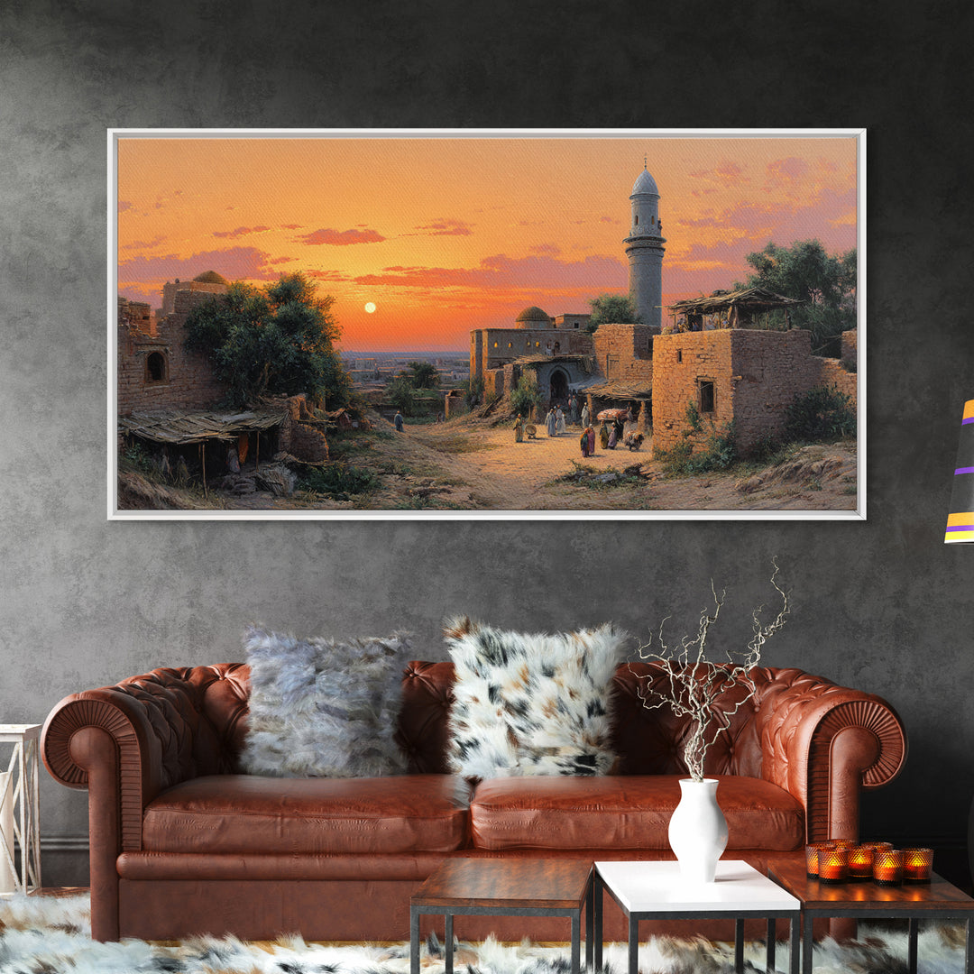 Sunset Village With Stone Mosque Wall Art, Middle Eastern Travel Poster, Islamic Home Decor, Warm Landscape Print, Gift Idea