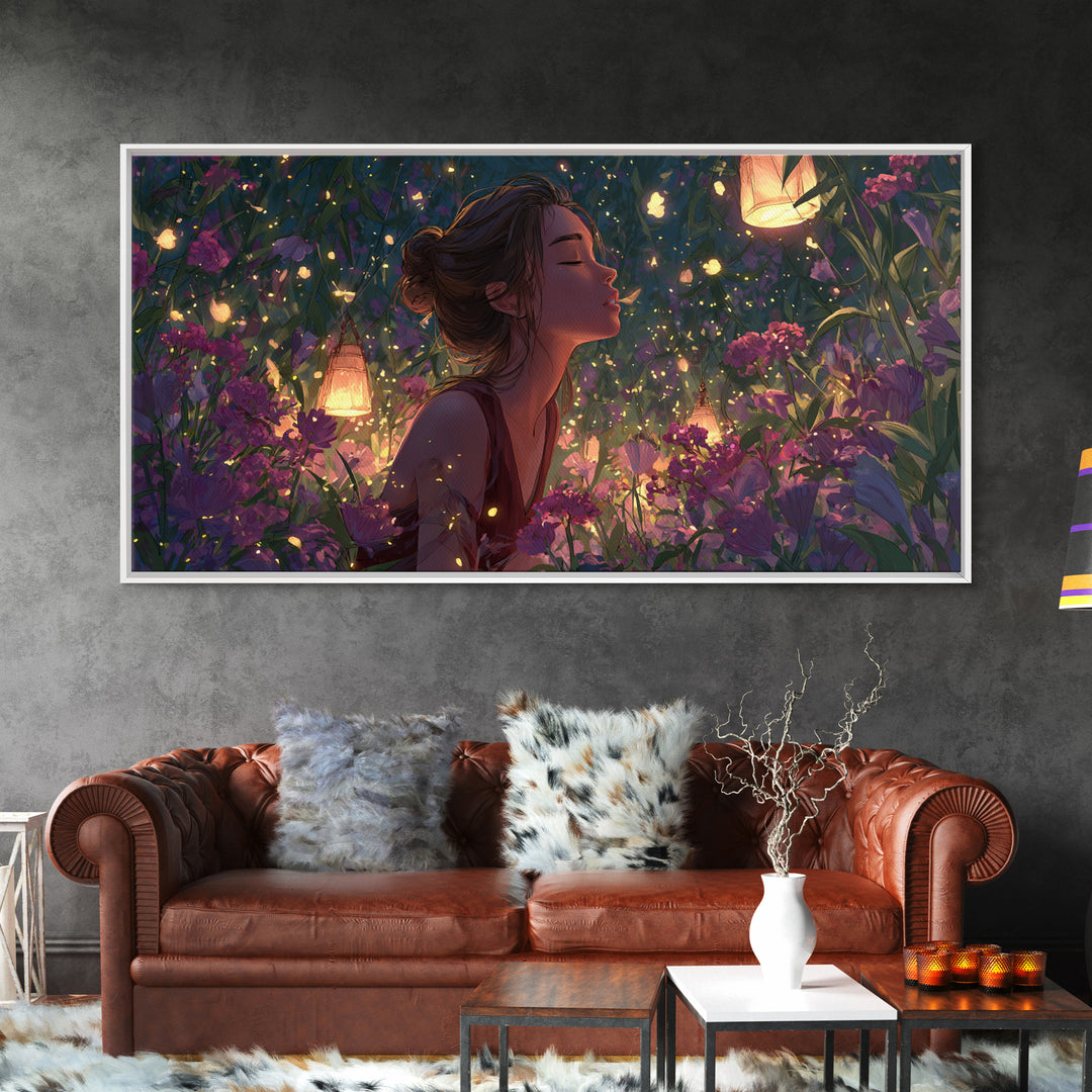 Dreamy Woman In Lantern Flower Garden Wall Art, Fantasy Canvas Print, Whimsical Floral Decor, Feminine Bedroom Gift For Her