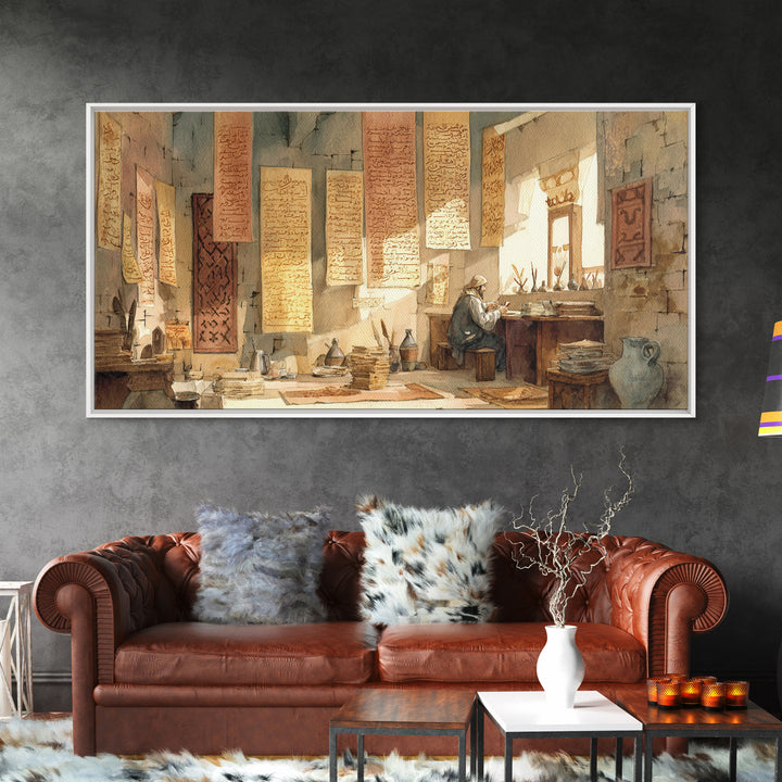 Sunlit Scribe Study Wall Art, Ancient Manuscripts Canvas, Scholarly Library Decor, Historical Calligraphy Art Print Gift