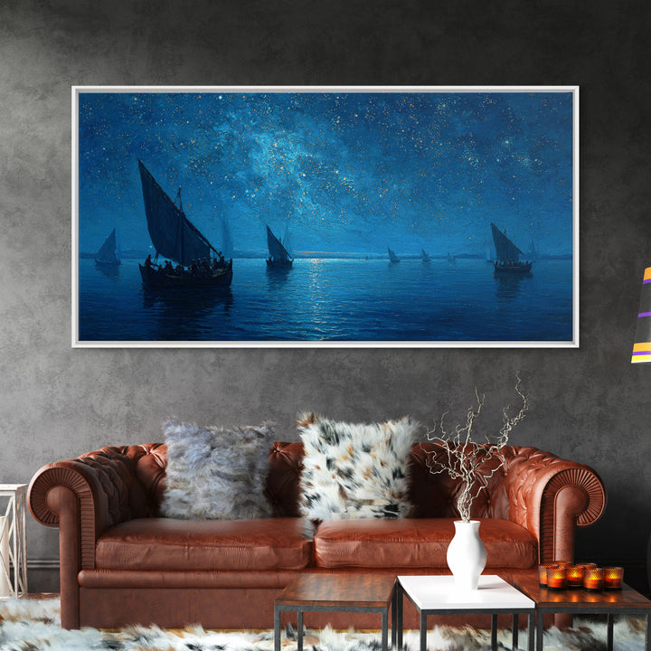 Starry Blue Night Sailboats Canvas Print, Nautical Seascape Wall Art, Coastal Bedroom Decor, Ocean Housewarming Gift For Her