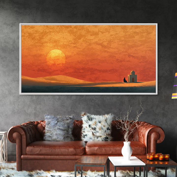 Desert Mosque At Orange Sunset Canvas Print, Islamic Wall Art, Moroccan Decor, Spiritual Art, Minimalist Home Decor Gift