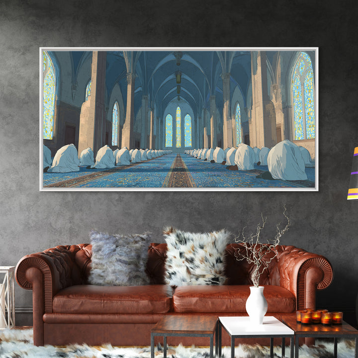 Praying Worshippers In Blue Mosque Framed Canvas Print, Islamic Wall Art, Spiritual Home Decor, Ramadan Housewarming Gift