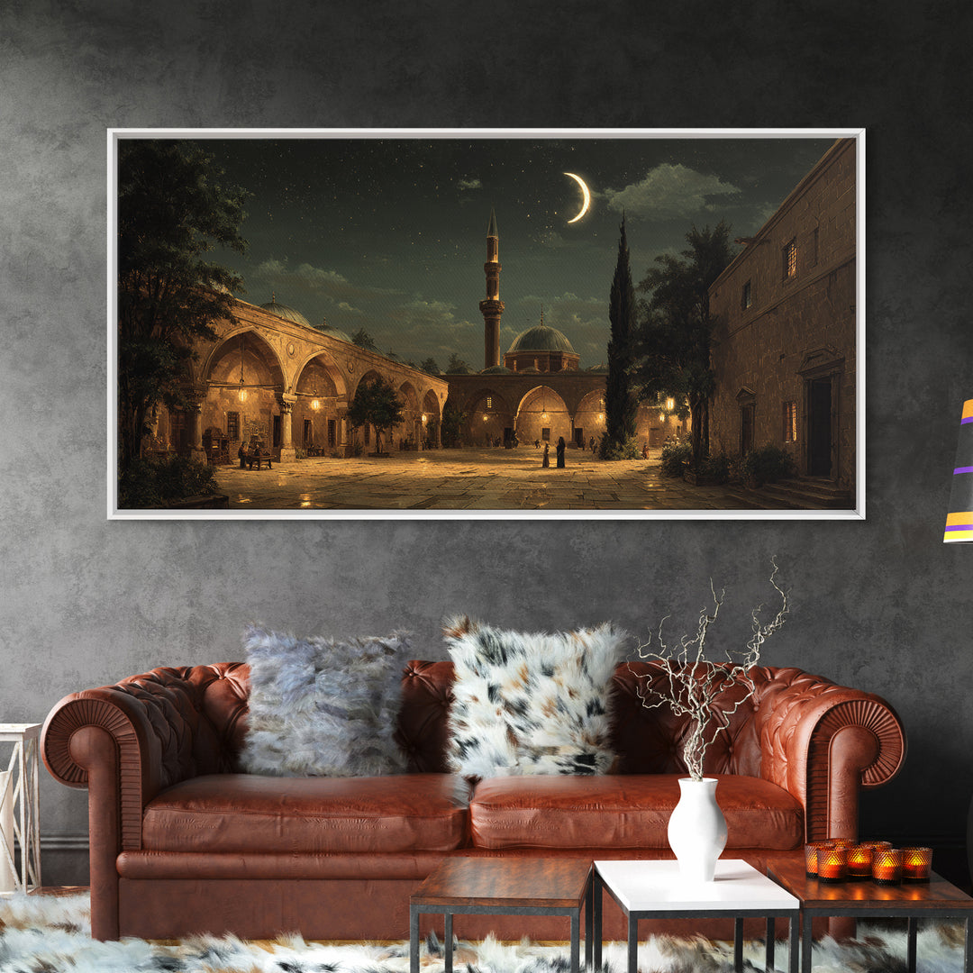 Crescent Moon Mosque Courtyard Wall Art, Islamic Framed Canvas Print, Celestial Night Decor For Prayer Room And Living Room