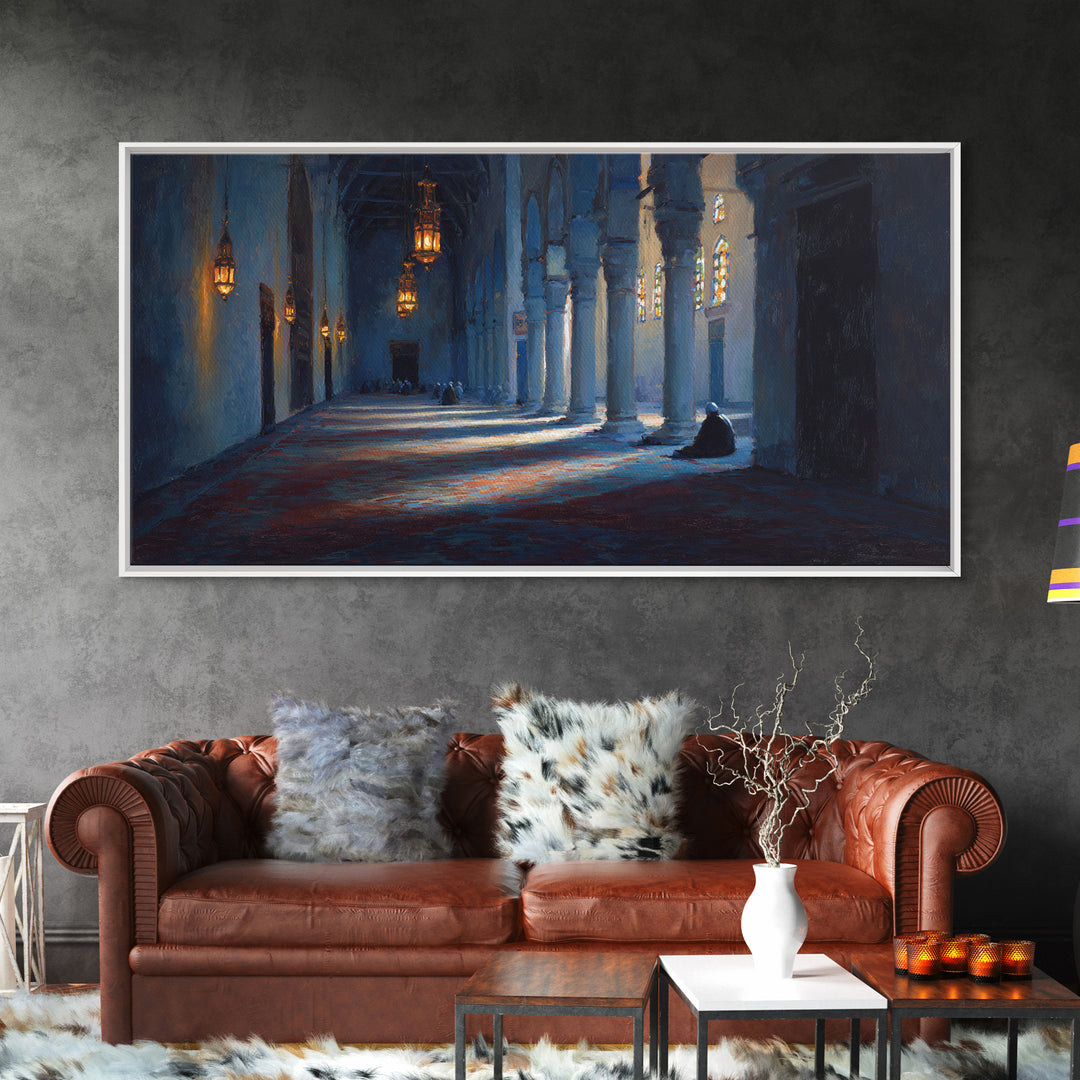 Blue Mosque Prayer Hall Wall Art, Moody Islamic Interior Canvas Print, Lantern Light, Spiritual Home Decor For Meditation