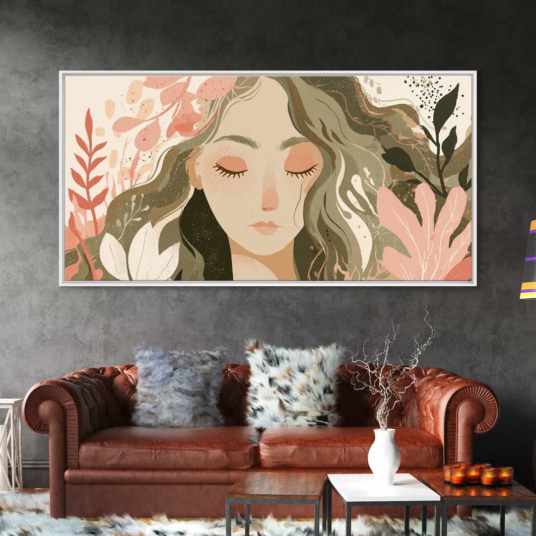 Serene Floral Woman Portrait Wall Art, Boho Botanical Canvas Wall Decor, Feminine Neutral Living Room Art Print, Gift For Her