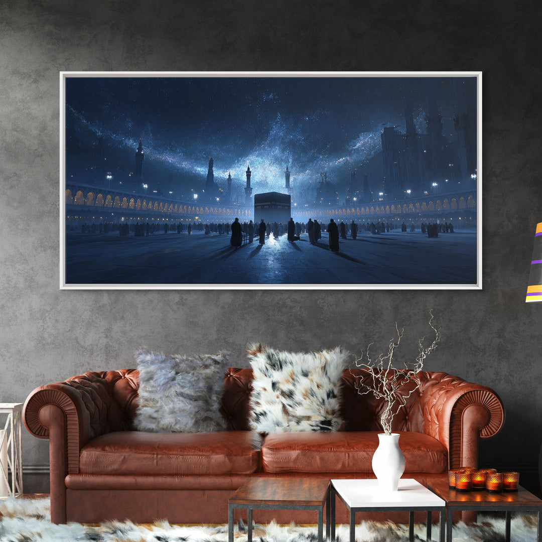 Kaaba Under Starry Blue Night Wall Art, Islamic Architecture Canvas Print, Ramadan Decor, Spiritual Travel Poster Gift Idea
