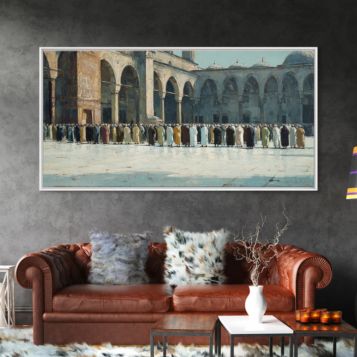 Islamic Courtyard Prayer Gathering Wall Art, Mosque Architecture Canvas Print, Muslim Home Decor, Ramadan Eid Spiritual Gift