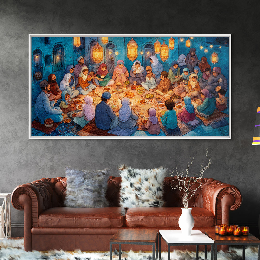 Ramadan Iftar Family Feast Under Lanterns Canvas Print, Islamic Wall Art, Eid Decor, Muslim Home Decor, Housewarming Gift