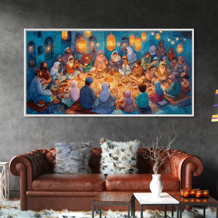 Ramadan Iftar Family Feast Under Lanterns Canvas Print, Islamic Wall Art, Eid Decor, Muslim Home Decor, Housewarming Gift
