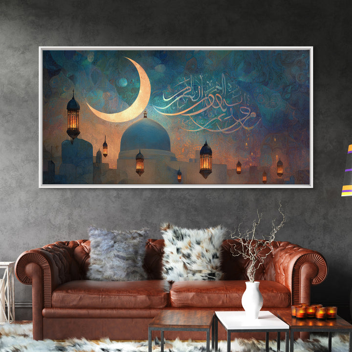 Crescent Moon Mosque And Arabic Calligraphy Wall Art, Islamic Home Decor, Ramadan Gift, Teal Blue Prayer Room Decor Canvas Print