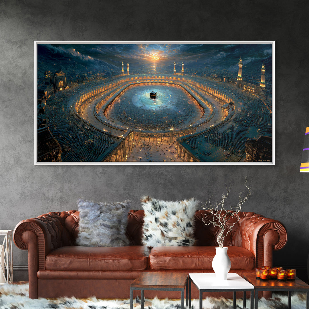Aerial Kaaba Pilgrimage Wall Art, Islamic Framed Canvas Print, Mecca Mosque Spiritual Decor, Eid Muslim Housewarming Gift