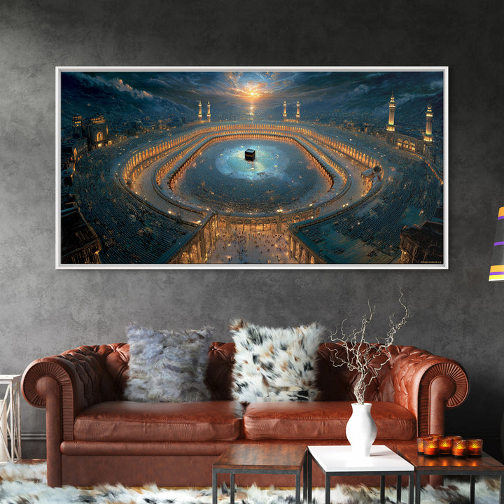 Aerial Kaaba Pilgrimage Wall Art, Islamic Framed Canvas Print, Mecca Mosque Spiritual Decor, Eid Muslim Housewarming Gift