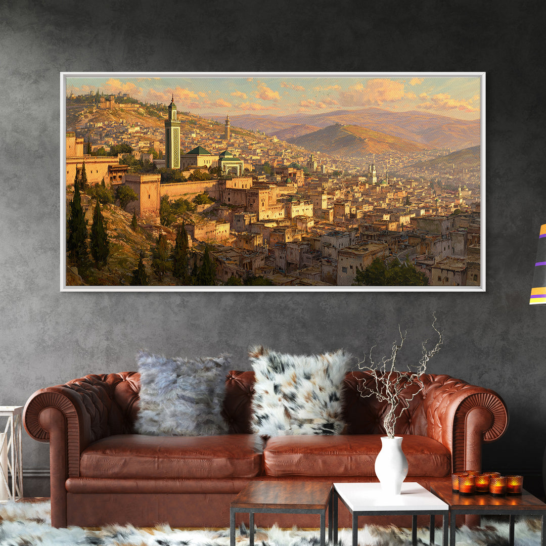 Golden Moroccan Medina Cityscape Canvas Print, Travel Poster Wall Art For Living Room Decor And Elegant Morocco Wall Decor