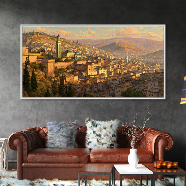 Golden Moroccan Medina Cityscape Canvas Print, Travel Poster Wall Art For Living Room Decor And Elegant Morocco Wall Decor
