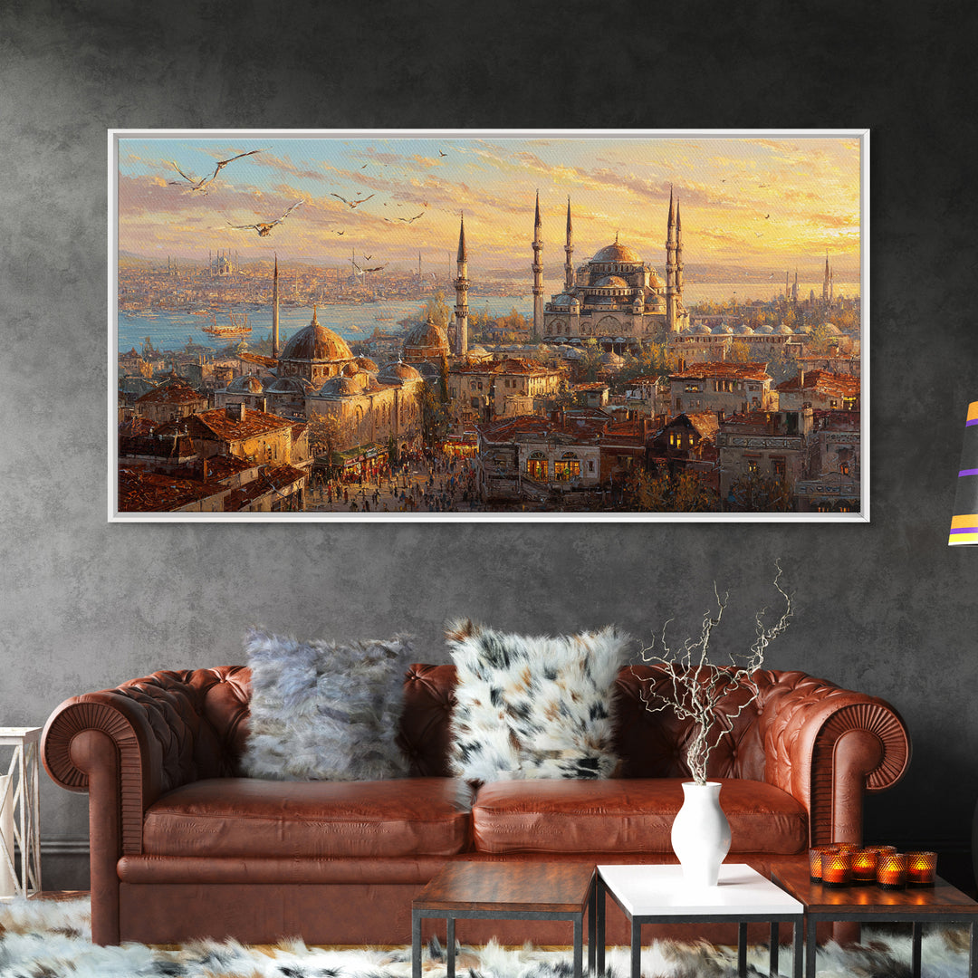 Istanbul Mosque Skyline At Sunset Wall Art, Turkish Travel Poster, Islamic Architecture Canvas Print, Warm City Living Room Decor