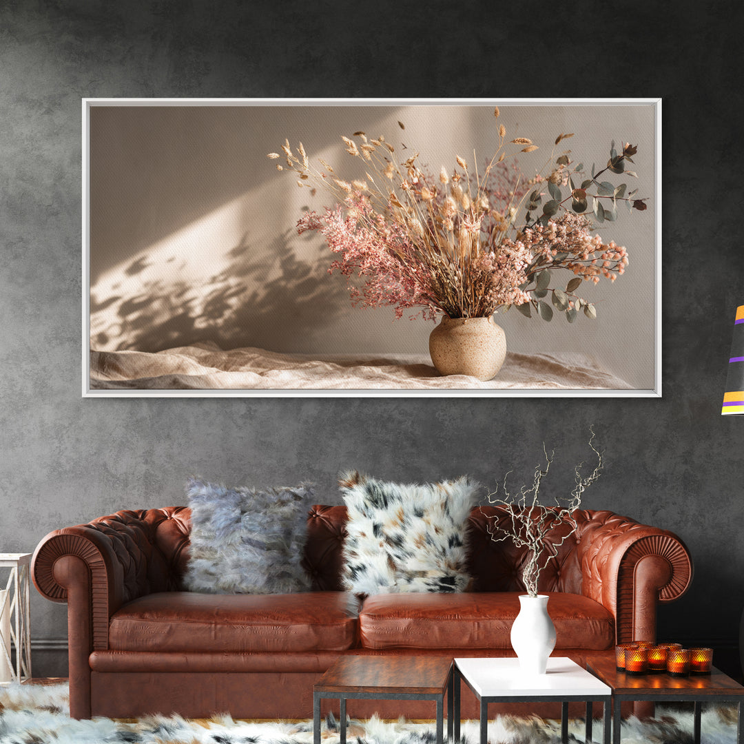 Blush Dried Floral Bouquet In Ceramic Vase Framed Canvas Print, Neutral Boho Wall Art, Earth Tone Living Room Decor Gift