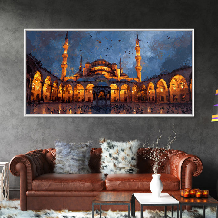 Illuminated Mosque Courtyard Wall Art, Islamic Architecture Canvas Print, Blue Evening Decor, Prayer Room Decor, Eid Gift