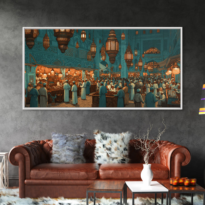 Moroccan Lantern Market Wall Art, Teal Souk Scene, Islamic Architecture Print, Middle Eastern Home Decor, Ramadan Gift For Living Room