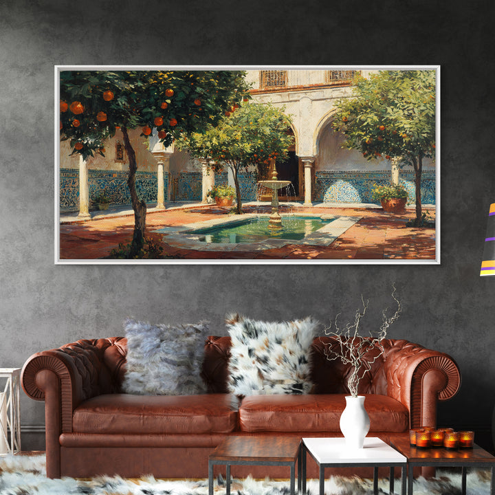 Moroccan Courtyard With Orange Trees Framed Canvas Print, Mediterranean Wall Art, Islamic Architecture Home Decor Gift Idea