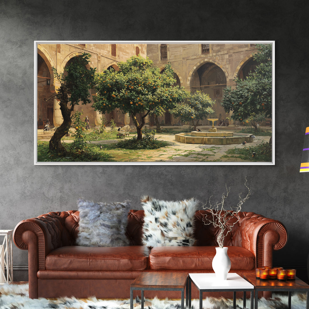 Orange Tree Courtyard Wall Art, Mediterranean Garden Canvas Print, Italian Villa Decor, Rustic Landscape, Housewarming Gift