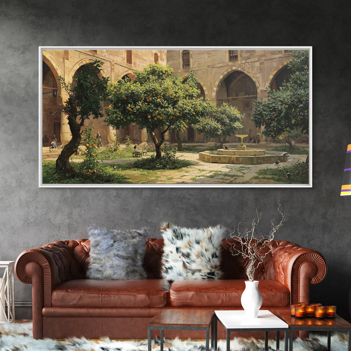 Orange Tree Courtyard Wall Art, Mediterranean Garden Canvas Print, Italian Villa Decor, Rustic Landscape, Housewarming Gift