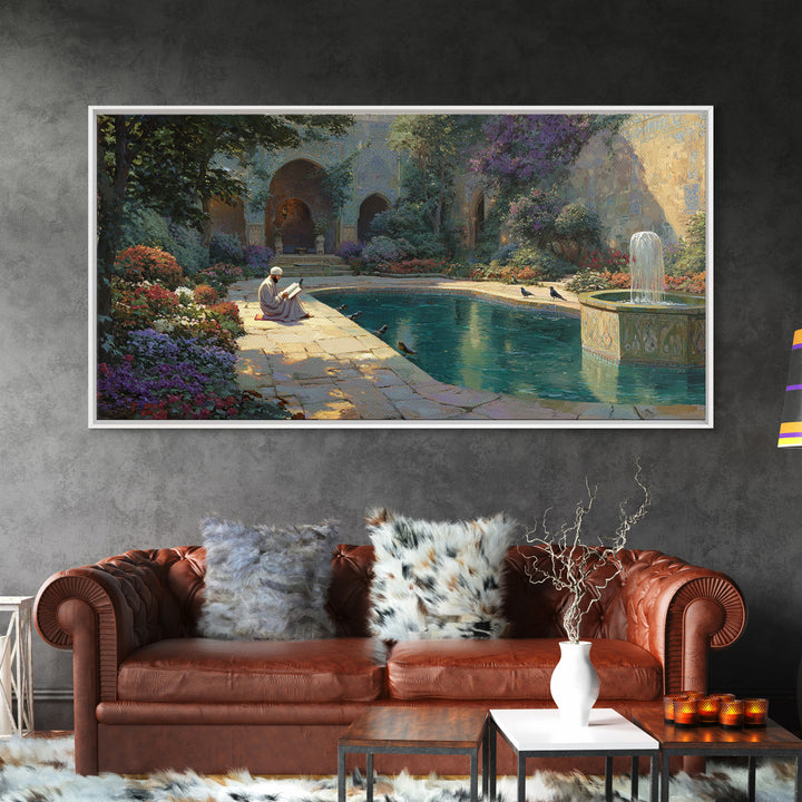 Serene Courtyard Garden With Fountain Wall Art, Mediterranean Canvas Print, Islamic Architecture, Peaceful Reading Nook Decor