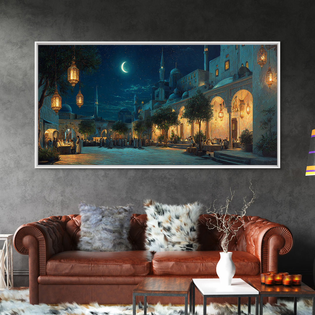 Moonlit Middle Eastern Market Street Wall Art, Islamic Architecture Canvas Print, Ramadan Decor, Moroccan Night Poster, Eid Gift
