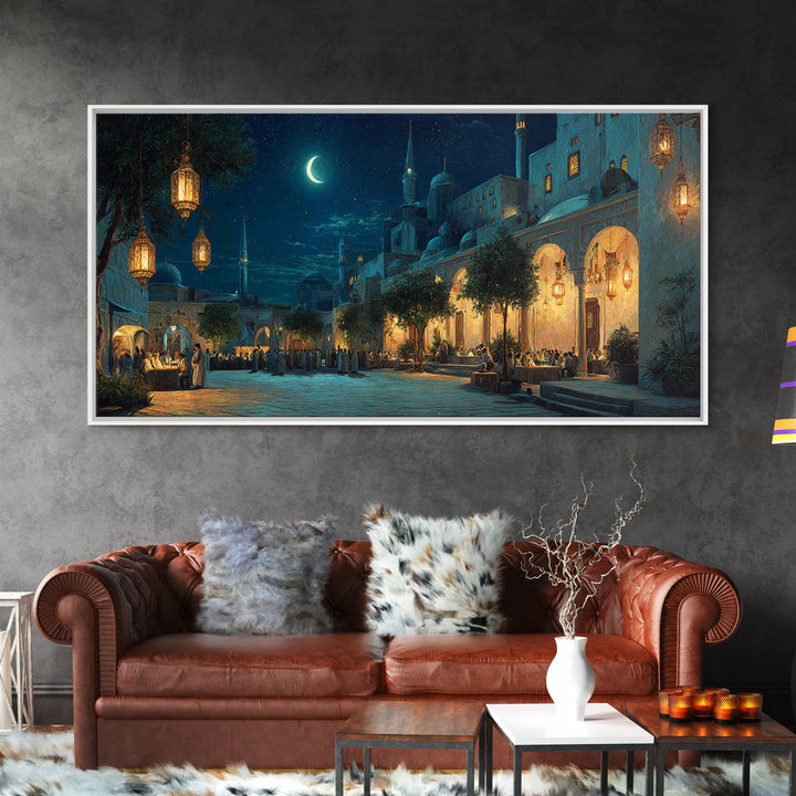 Moonlit Middle Eastern Market Street Wall Art, Islamic Architecture Canvas Print, Ramadan Decor, Moroccan Night Poster, Eid Gift