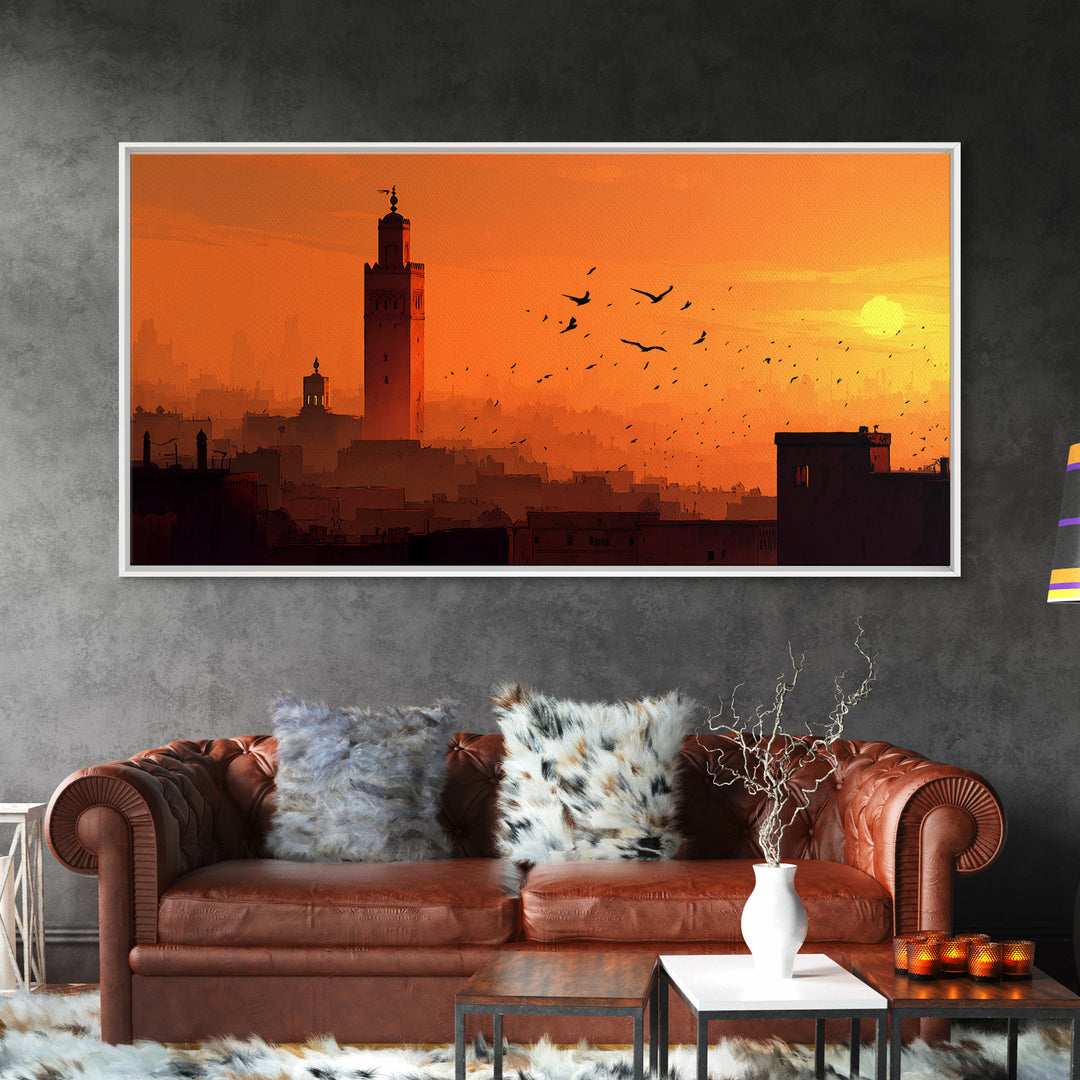 Orange Marrakech Skyline Wall Art, Moroccan Tower Sunset Canvas Print, Travel Poster, Islamic Architecture, Warm Home Decor