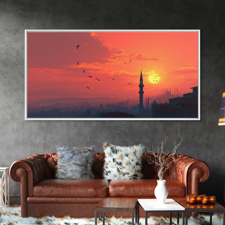 Istanbul Sunset Minaret Skyline Wall Art, Turkish Travel Poster For Living Room Decor, Orange Wall Decor And Housewarming Gift