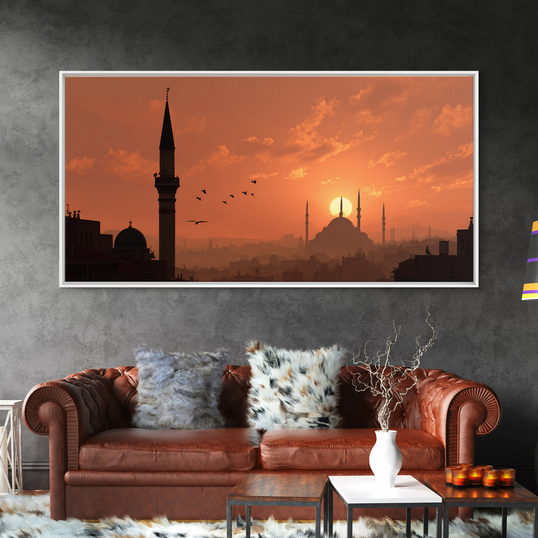 Orange Mosque Skyline At Sunset Wall Art, Islamic Architecture Print, Middle Eastern Decor, Ramadan Eid Gift For Home Decor