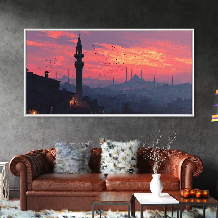 Istanbul Minarets At Pink Sunset Wall Art, Turkish Skyline Canvas Print, Middle Eastern Decor, Travel Poster, Islamic Art