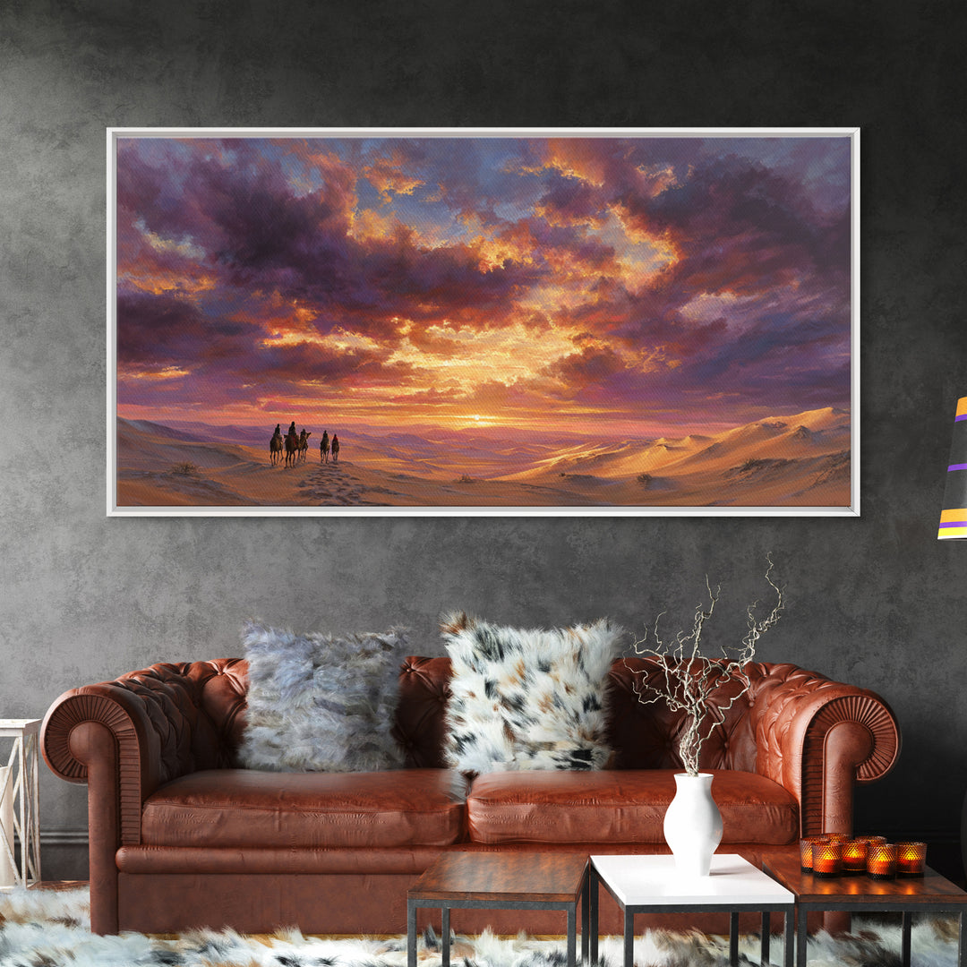 Desert Caravan At Purple Sunset Wall Art, Arabian Landscape Canvas Print, Dunes Travel Poster, Warm Boho Home Decor Gift