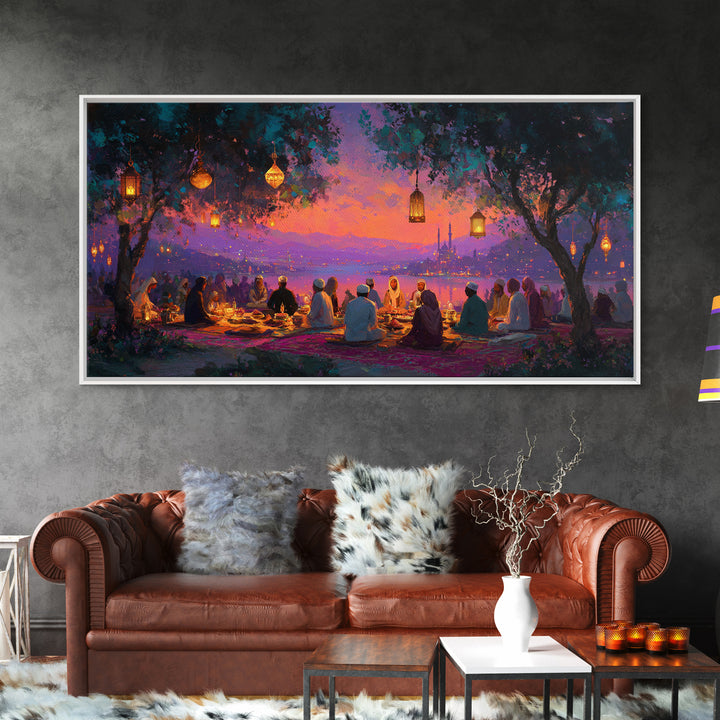 Lantern Lit Sunset Iftar Gathering Canvas Print, Islamic Wall Art, Ramadan Decor, Middle Eastern Home Decor Gift For Family