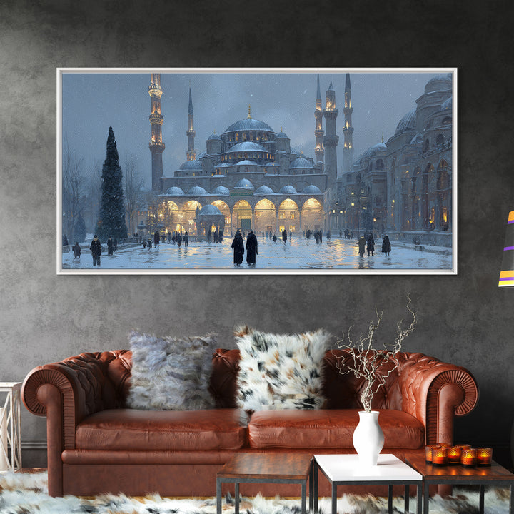 Snowy Istanbul Mosque Framed Canvas Print, Islamic Architecture Wall Art, Blue Winter Cityscape, Elegant Home Decor Gift