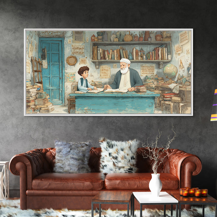 Wise Teacher And Child In Arabic Library Wall Art, Islamic Calligraphy Canvas Print, Scholarly Office Decor Gift For Teacher