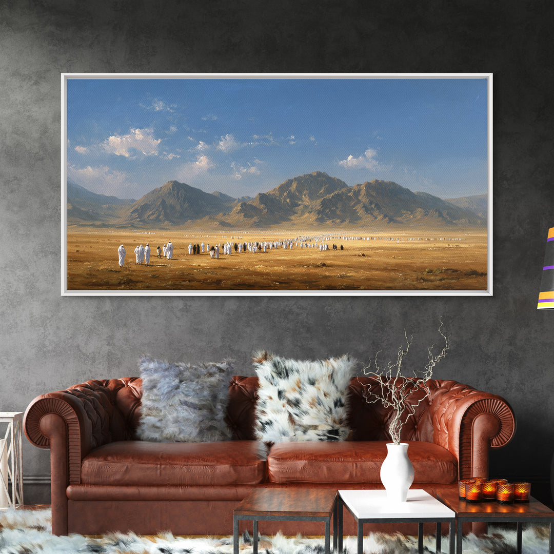 Desert Pilgrimage Beneath Rugged Mountains Framed Canvas Print, Islamic Wall Art, Panoramic Landscape Home Decor Gift Idea