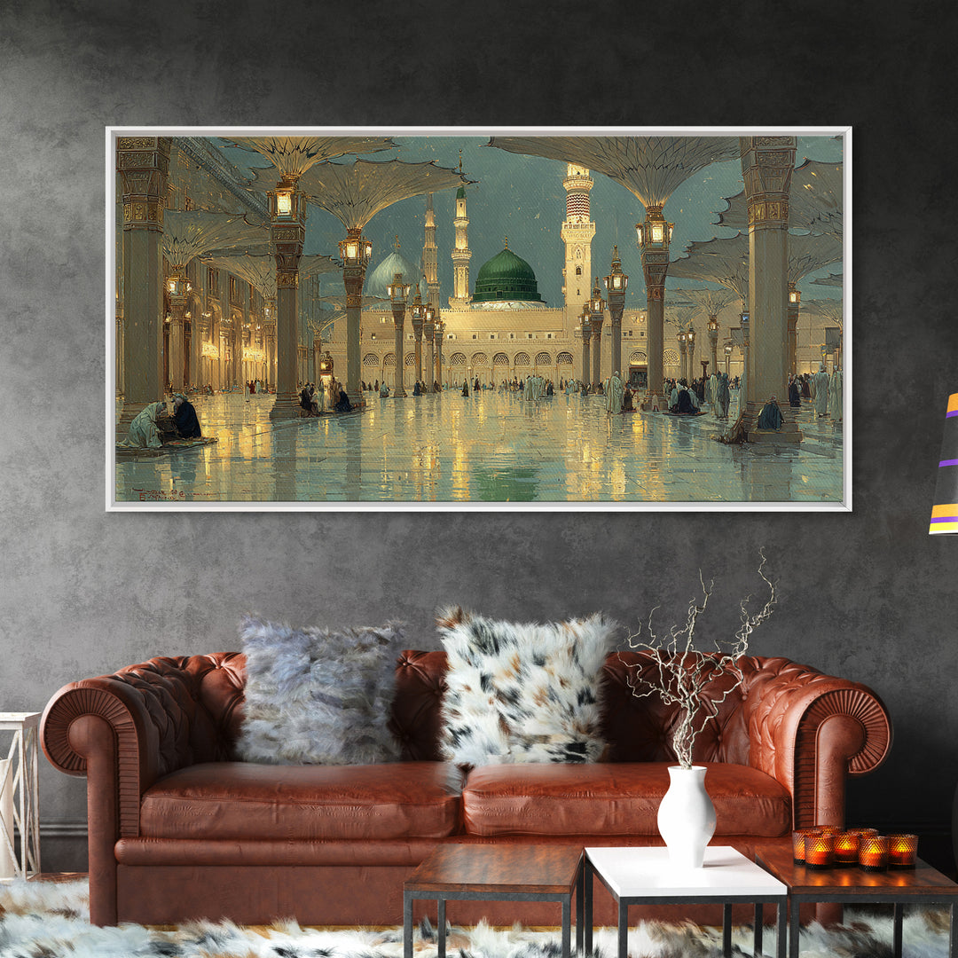 Golden Mosque Courtyard At Night Wall Art, Islamic Architecture Art Print, Serene Ramadan Decor And Muslim Gift For Prayer Room