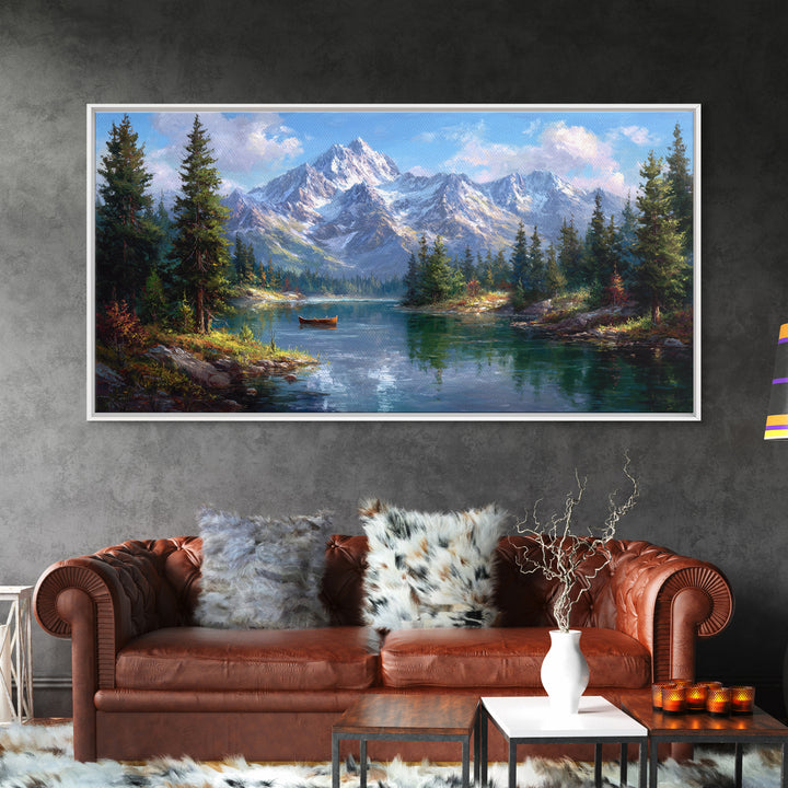 Snowy Mountain Lake With Canoe Framed Canvas Print, Alpine Landscape Wall Art, Rustic Cabin Decor, Nature Gift For Living Room