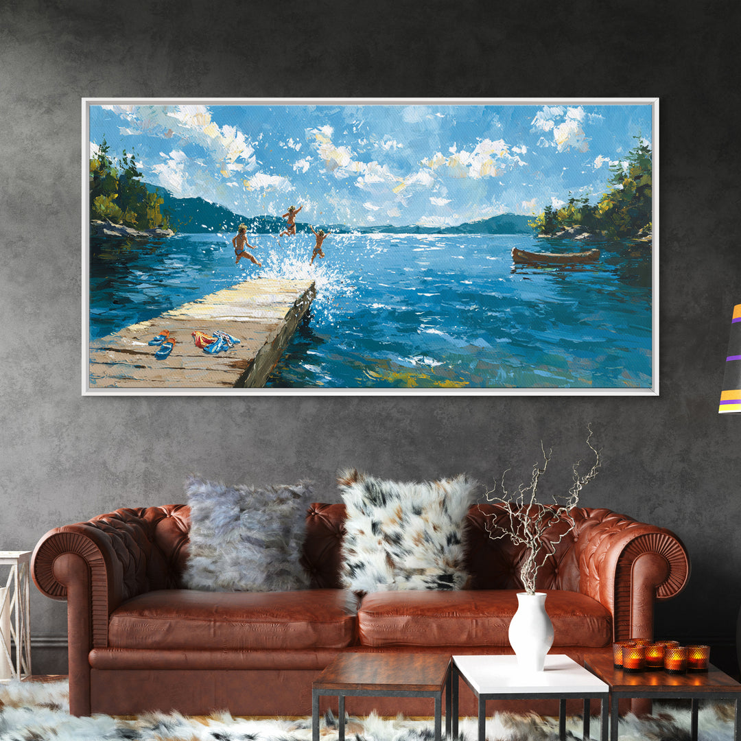 Summer Lake Dock Wall Art, Kids Swimming And Canoe Canvas, Bright Coastal Cabin Decor, Lake House Living Room Print Gift
