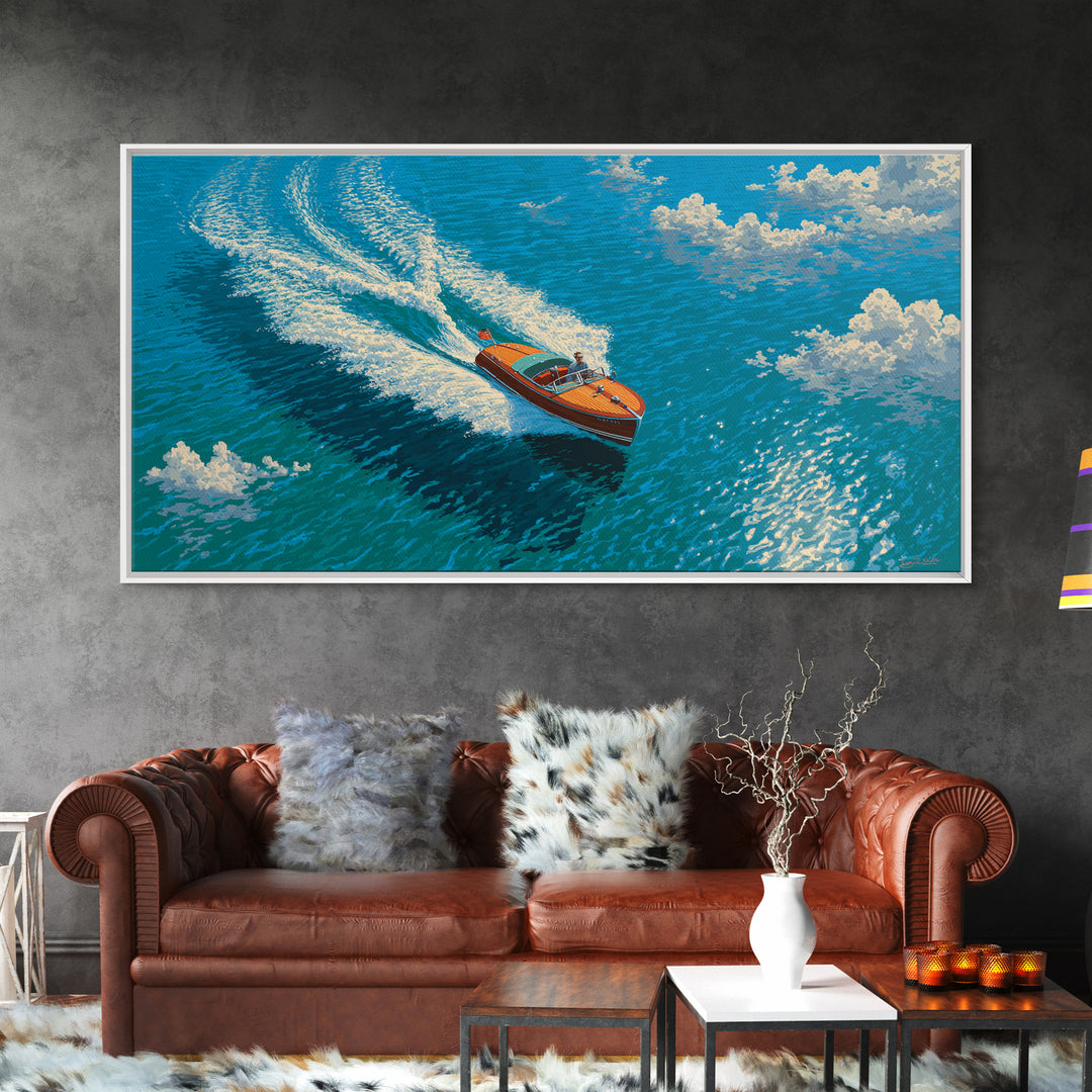 Orange Speedboat On Blue Ocean Canvas Print, Coastal Wall Art, Nautical Beach House Decor, Summer Travel Gift For Him, Art Print