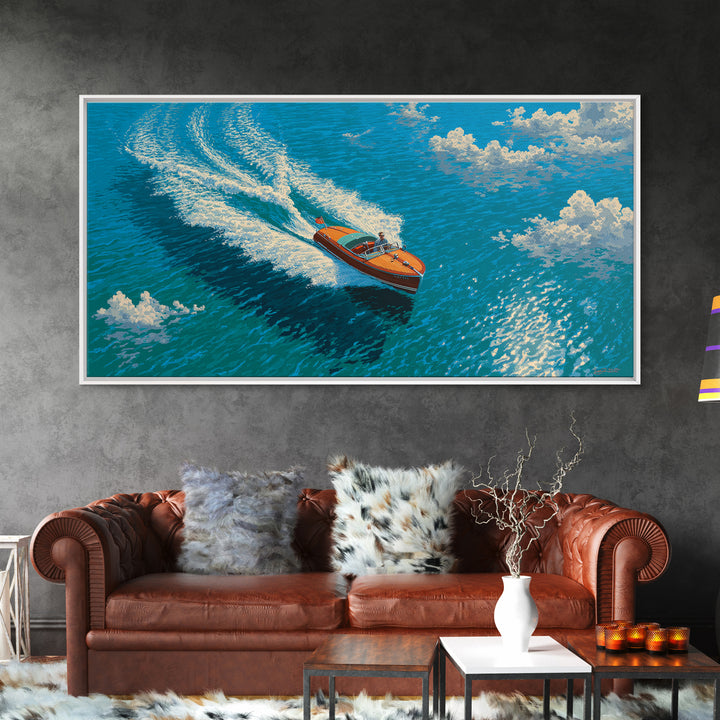 Orange Speedboat On Blue Ocean Canvas Print, Coastal Wall Art, Nautical Beach House Decor, Summer Travel Gift For Him, Art Print