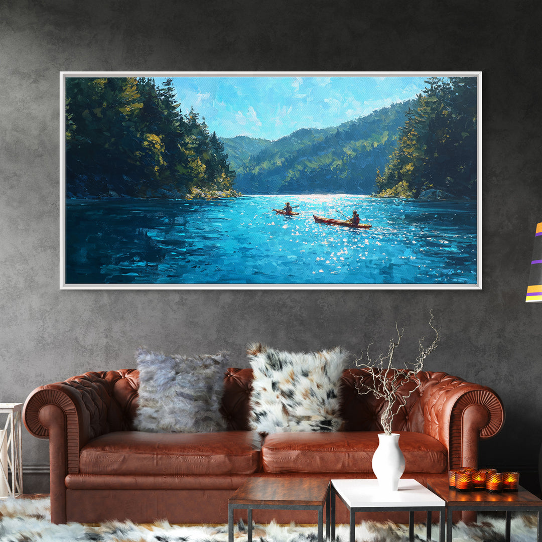 Kayakers On Blue Mountain Lake Wall Art, Forest Landscape Canvas Print, Calming Nature Decor, Serene Cabin Living Room Wall Art