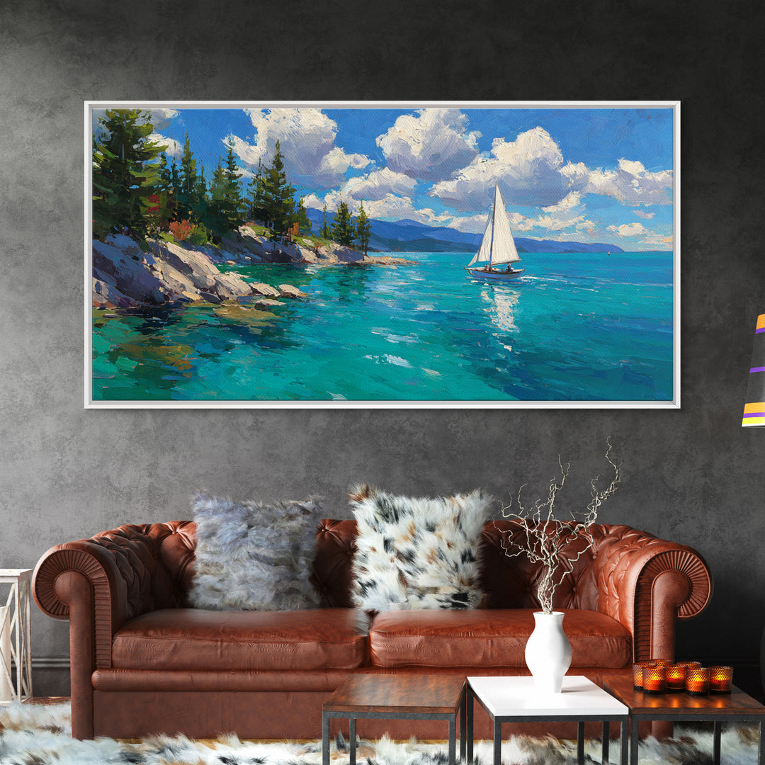 White Sailboat On Turquoise Lake Wall Art, Coastal Landscape Canvas Print, Nautical Decor, Beach House Living Room Wall Art