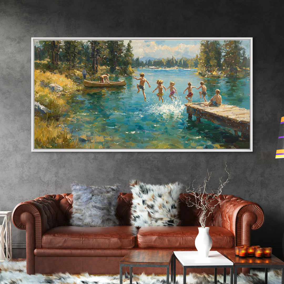 Children Jumping Into Summer Lake Canvas Print, Impressionist Landscape Wall Art, Cabin Decor, Lake House Art, Family Gift