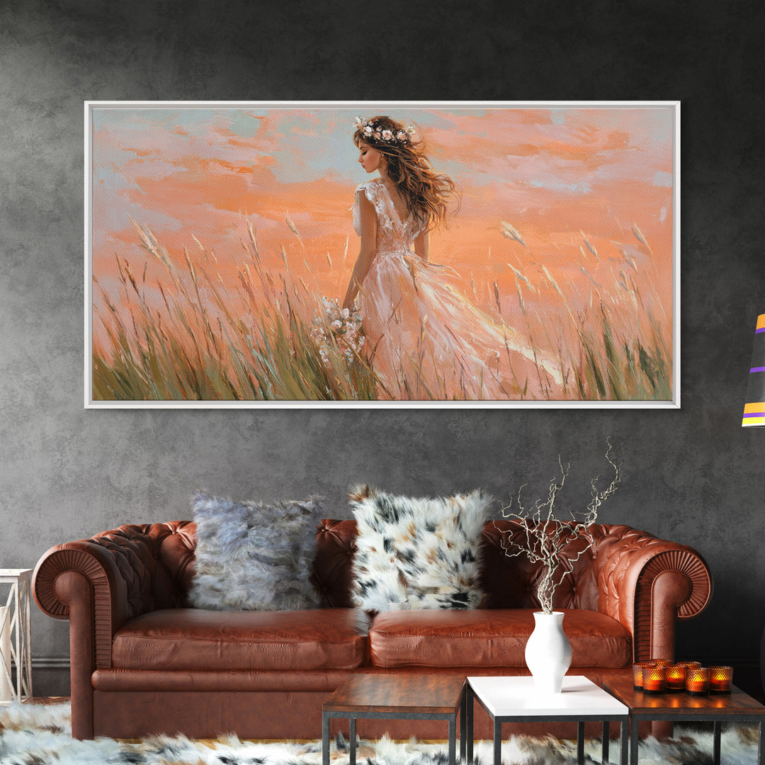Boho Bride In Golden Meadow Canvas Print, Romantic Feminine Wall Art, Soft Peach Sunset Bedroom Decor, Wedding Gift For Her